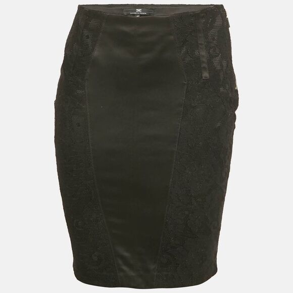 Elisabetta Franchi Black Satin Panel Lace Pencil Skirt M
